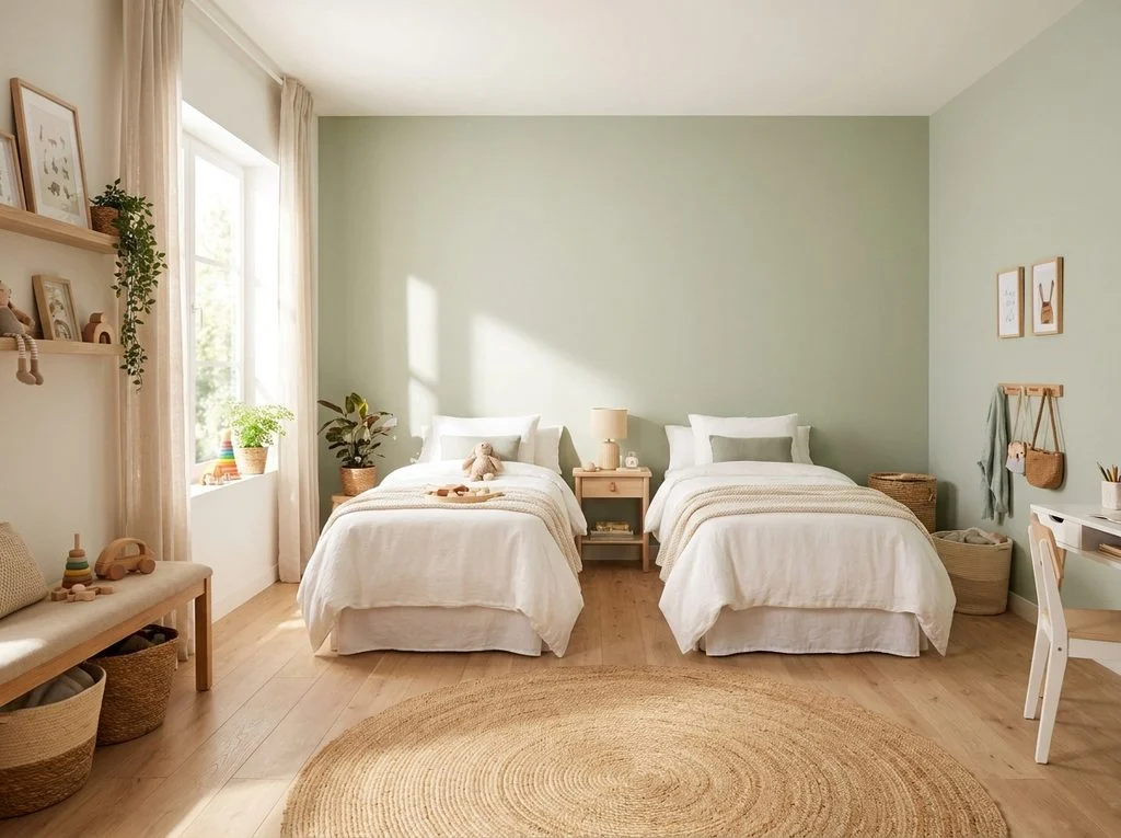 Bright shared kids' bedroom with two coordinated twin beds, sage-green walls and light oak floors