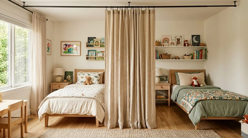 A partition curtain used to divide a shared kids' bedroom for privacy