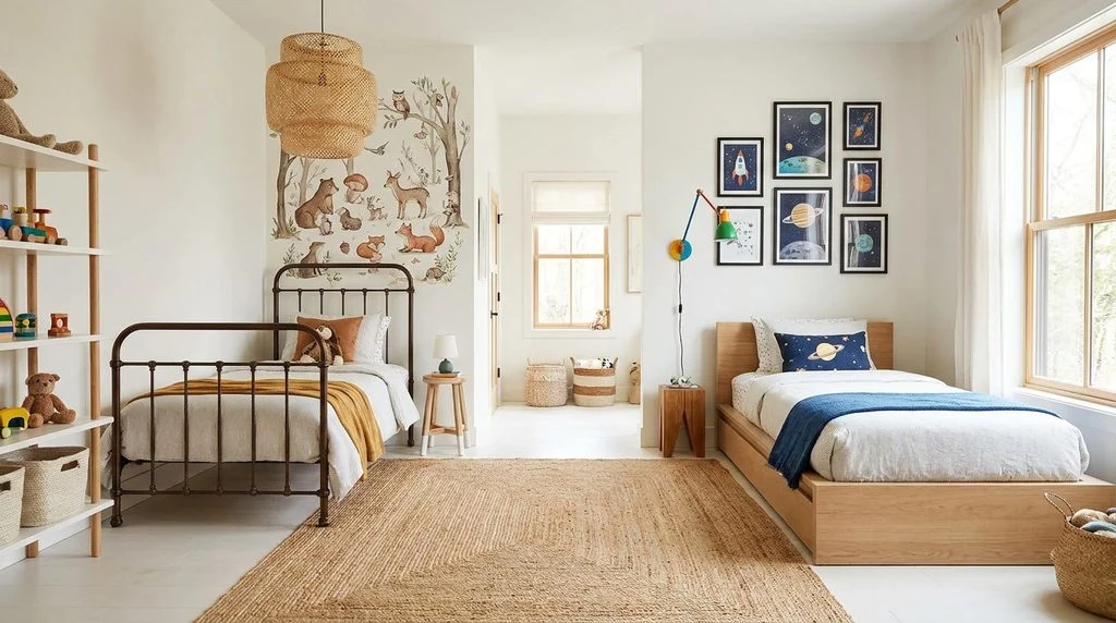 Two beds in a shared room, each with its own dedicated wall art and lighting to create visual separation.