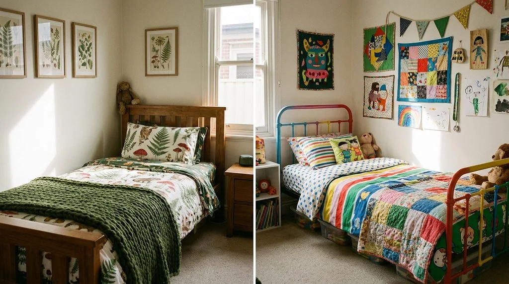 Two beds individually tailored with each child's favorite colors, bedding and wall art in a shared room.
