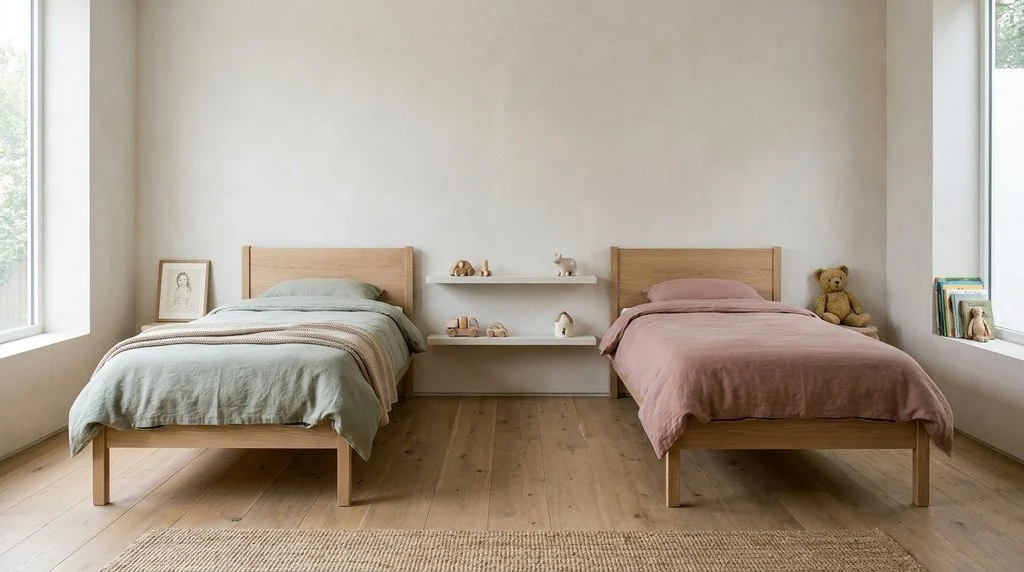 A minimal shared kids' bedroom in a muted palette with two simple beds and uncluttered styling.