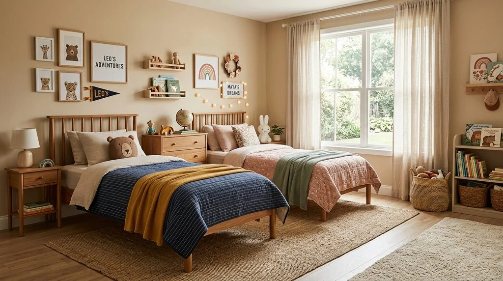 Shared bedroom design for siblings with coordinated beds and personal touches