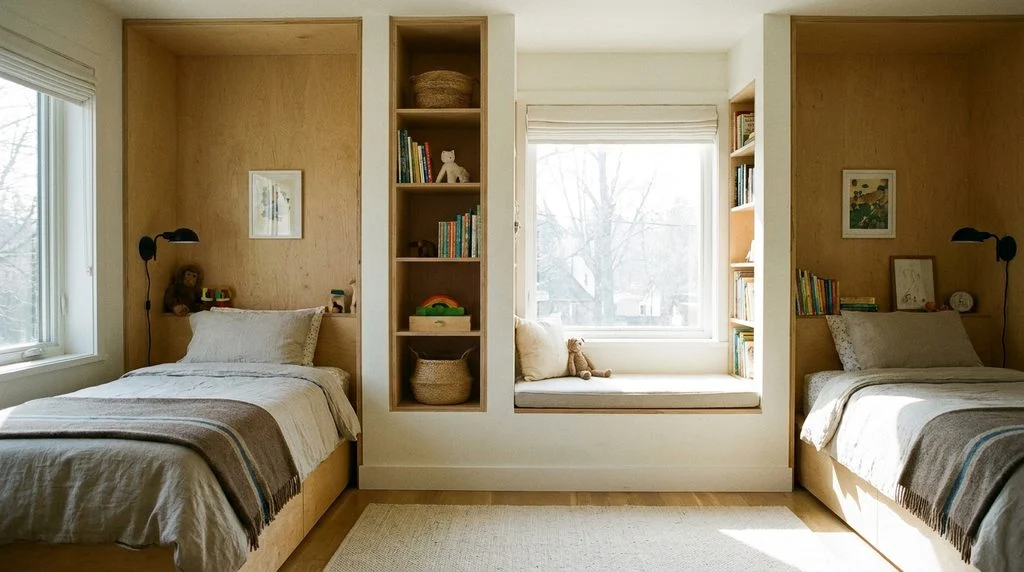 A shared kids' bedroom laid out around a wall bump-out that separates two sleeping zones.