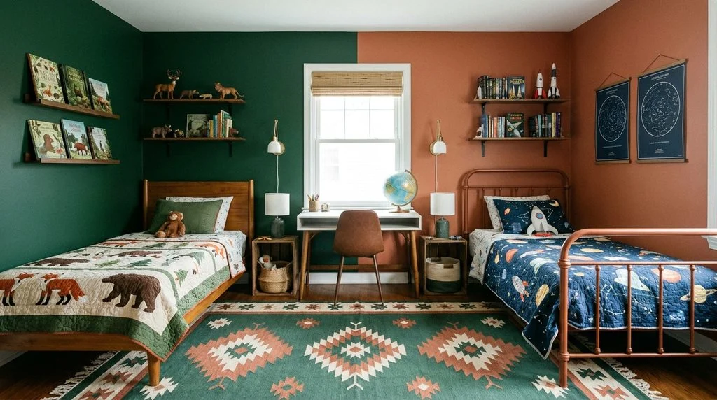 Shared kids bedroom with two beds divided by contrasting paint colors.