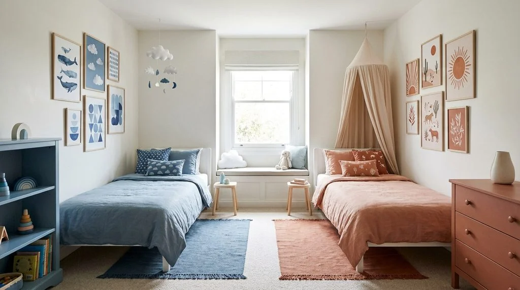 Shared bedroom decor matching each child's color-coded zone.