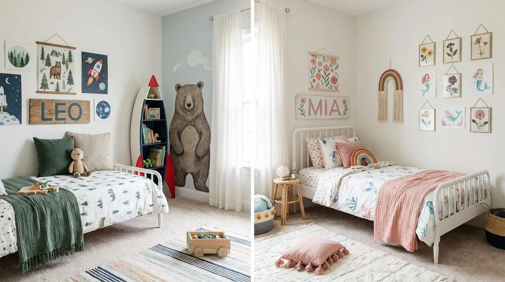 Personalized name signs hanging above beds in a shared kids bedroom.