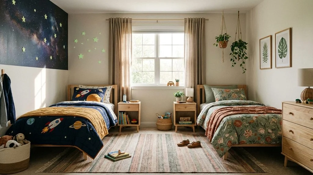 Shared bedroom with two beds showing each child's own chosen bedding and theme, unified by a shared colour palette.