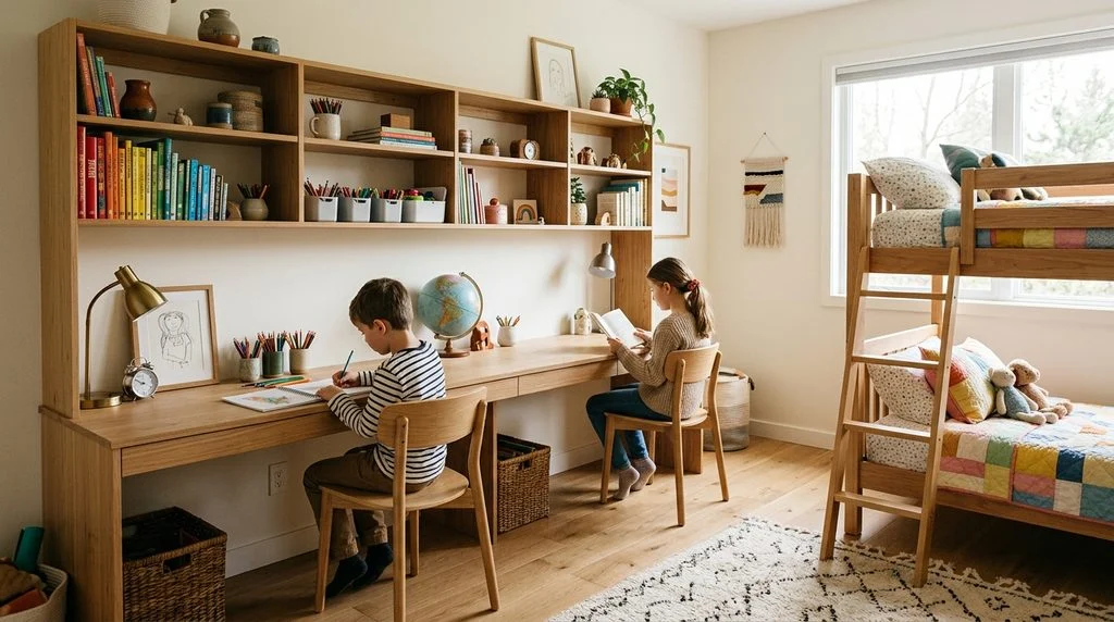 A shared study desk for two kids built along one wall of a small bedroom