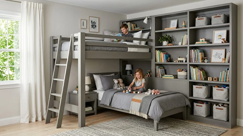 A loft bed combined with a lower traditional bed in an L-shape to save space in a shared kids' room.