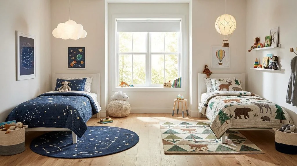 Rugs and pendant lighting used to zone a shared kids bedroom.