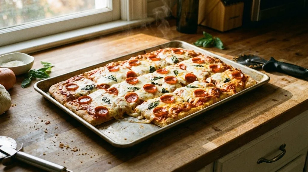 A sheet pan pizza cut into squares for a picky-eater school lunch