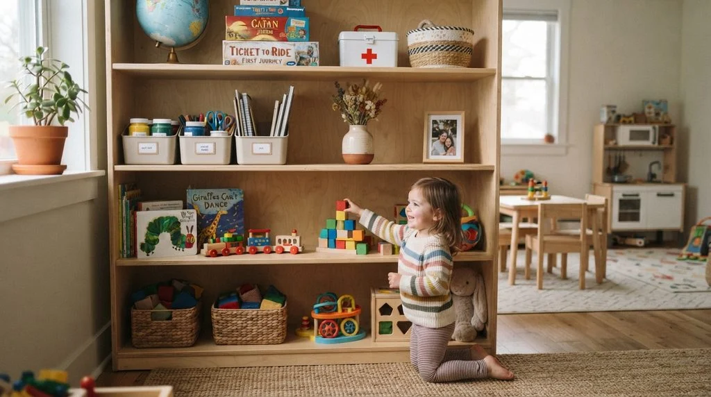 Open shelving playroom unit designed for easy kid clean-up.