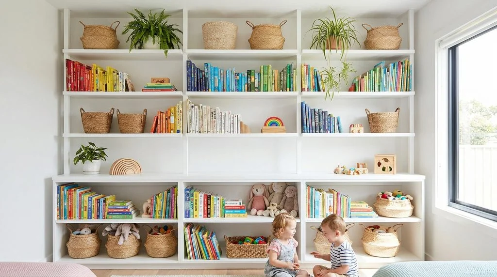 Tall floor-to-ceiling shelving unit holding books and baskets along one wall of a shared kids' bedroom.