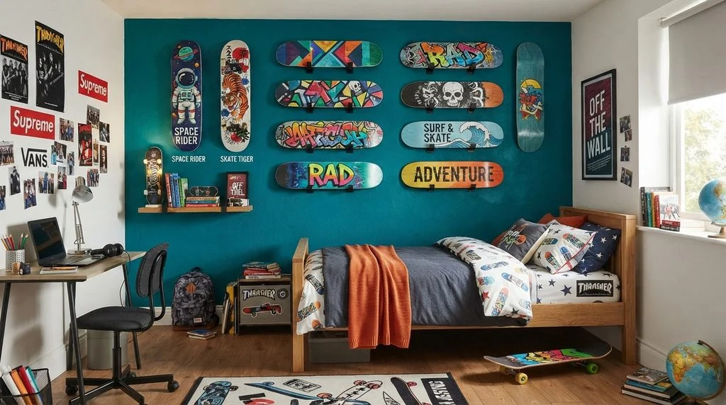 Boy's bedroom decorated with painted skateboards as wall art.