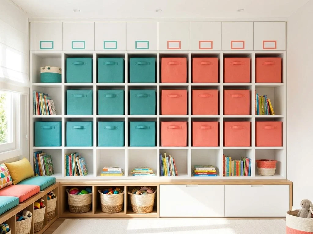 Built-in cubby storage wall with color-coded teal and coral bins in an organized shared kids' room