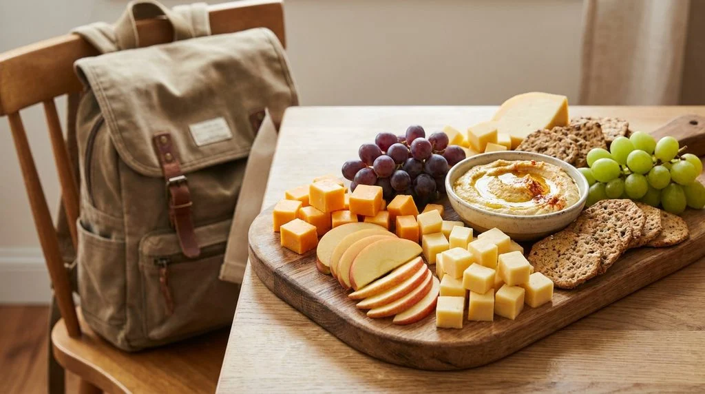 A healthy after-school snack board with cheese, fruit, crackers and hummus