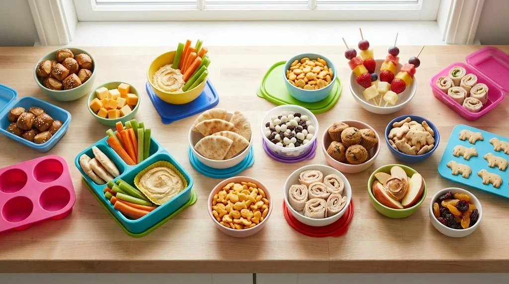 Overhead view of a variety of sweet and savory snacks for kids in different containers