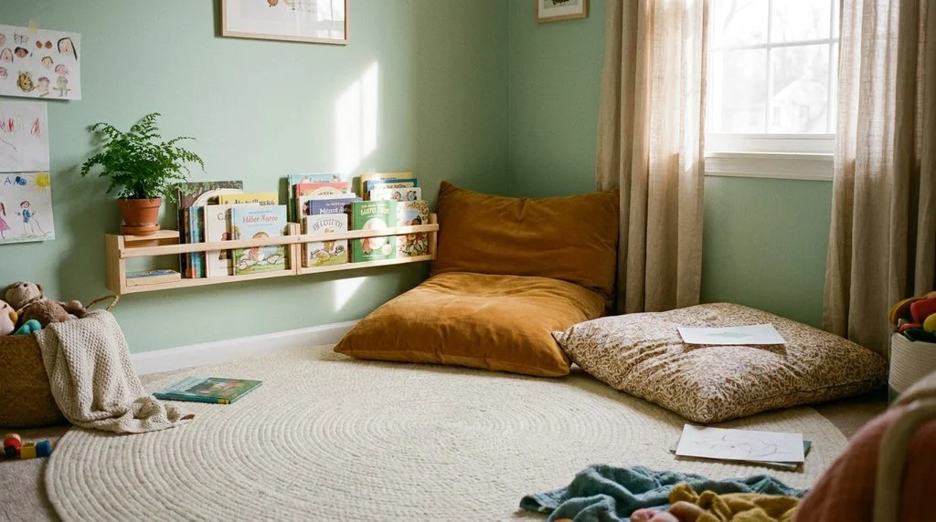 Cosy shared reading corner with floor cushions, a rug and a low book ledge in a kids' bedroom.