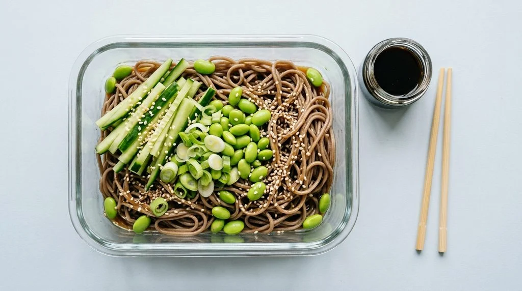 Glass container of cold sesame soba noodles topped with cucumber matchsticks, edamame, spring onion and sesame seeds, with a pot of soy dressing and child-sized chopsticks.