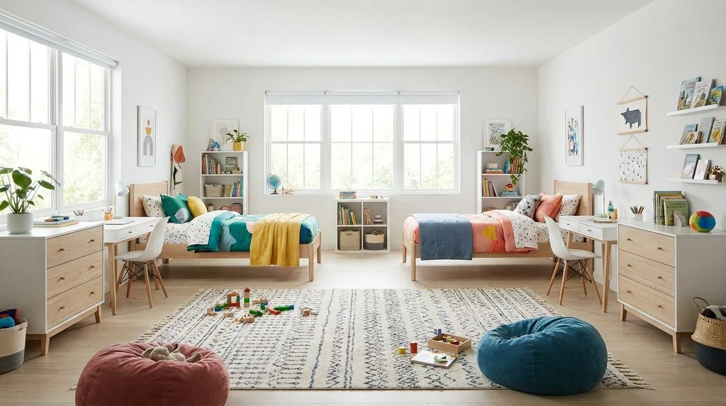 Two twin beds against opposite walls facing each other with desks and dressers in a spacious shared room.