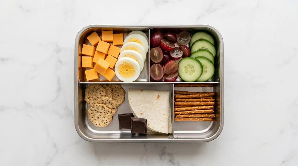 Five-compartment steel bento box showing the lunch formula: cheese and egg for protein, grapes and cucumber, crackers and tortilla, pretzels, and two squares of chocolate.
