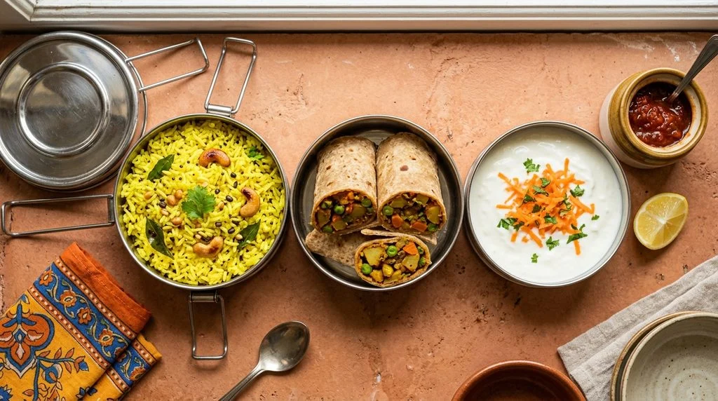 Opened three-tier steel tiffin carrier holding lemon rice, roti rolls with spiced vegetable filling, and yogurt with grated carrot, with chutney and lemon alongside.