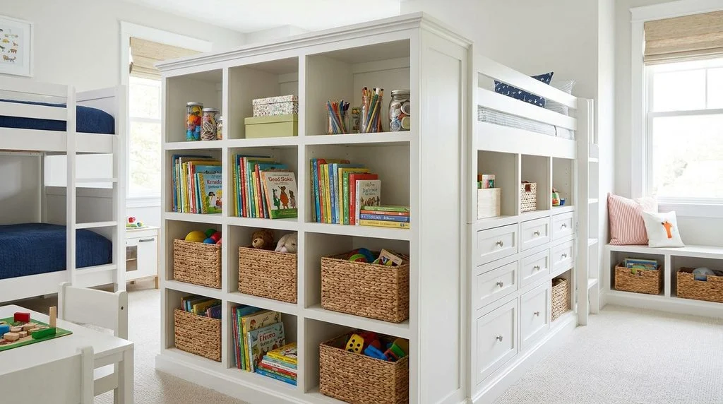 A large cubby-and-drawer storage unit doubling as a partition in a shared kids' bedroom.