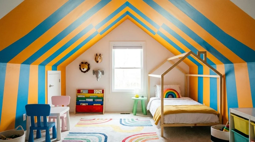 Diagonal striped wall dividing a shared kids bedroom.