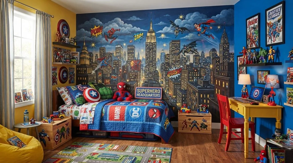 Superhero-themed bedroom with a cityscape mural.