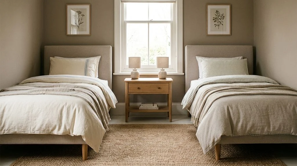 Two matching single beds either side of a shared central nightstand with two lamps in a symmetrical kids' bedroom.