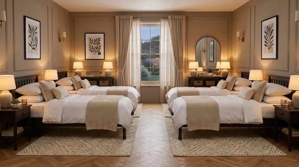 Symmetrical shared bedroom layout with parallel beds and matching rugs