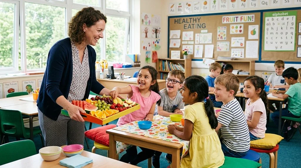 Teacher presenting a healthy fruit snack tray to students.