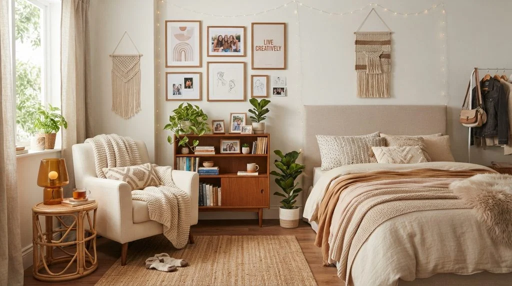 Stylish teen bedroom with personalized wall art and cozy seating.