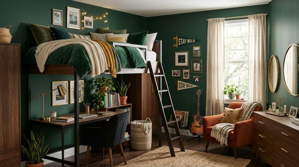 Teen bedroom decorated in deep green with modern furniture.