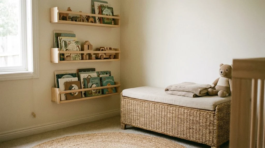 Floating shelves and a storage bench keep a kids' bedroom organized