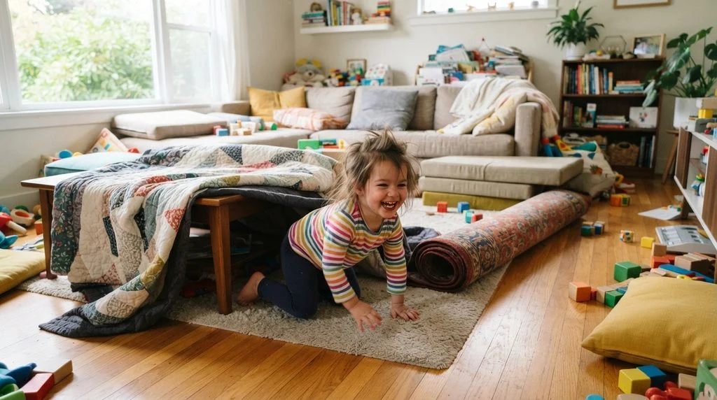 Toddler crawling through a homemade indoor obstacle course of cushions and blankets