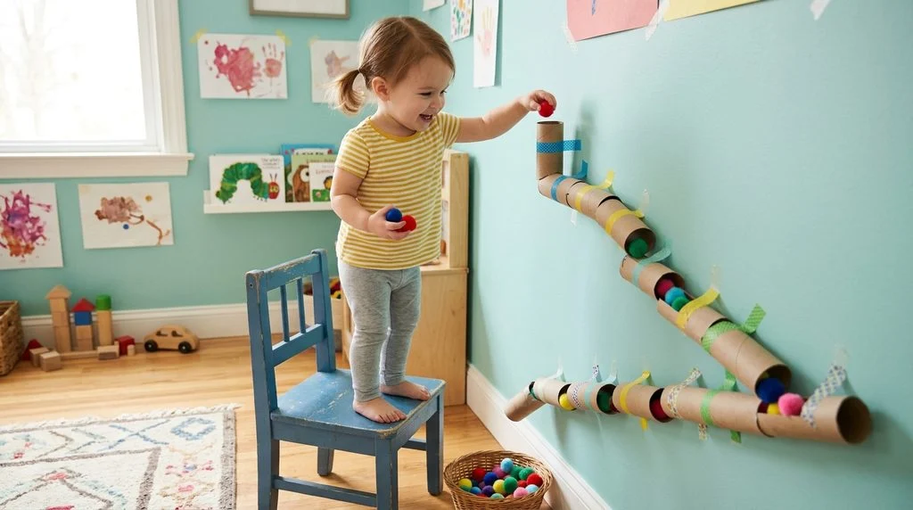 Toddler playing a ball drop game with paper tube tunnels taped to a wall.