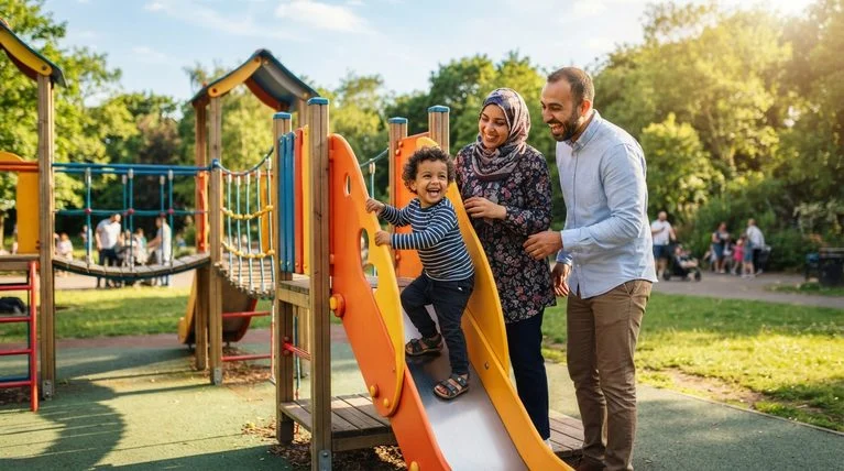 Toddler playing on an outdoor play structure with his parents.