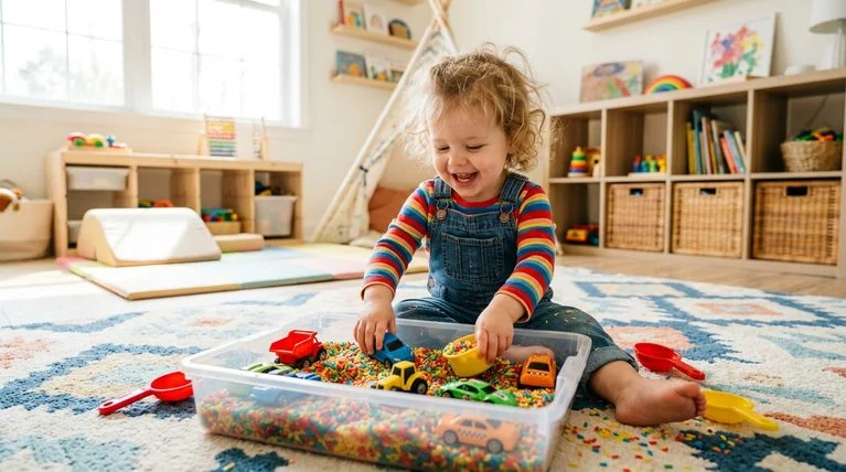 Toddler playing with a rice sensory bin and toy cars.