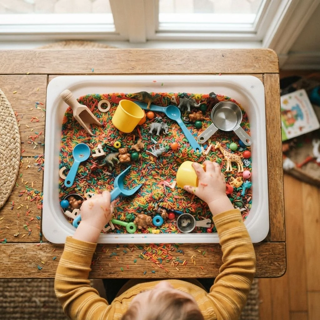 Toddler playing with a colorful sensory bin filled with dyed rice and toys