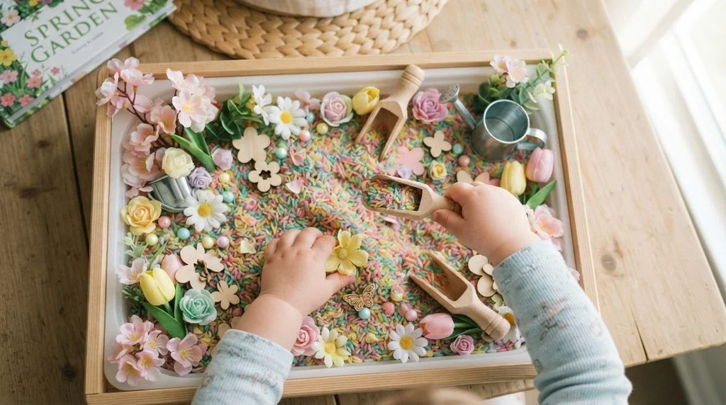 Toddler exploring a spring-themed sensory bin with flowers and pastel scoops