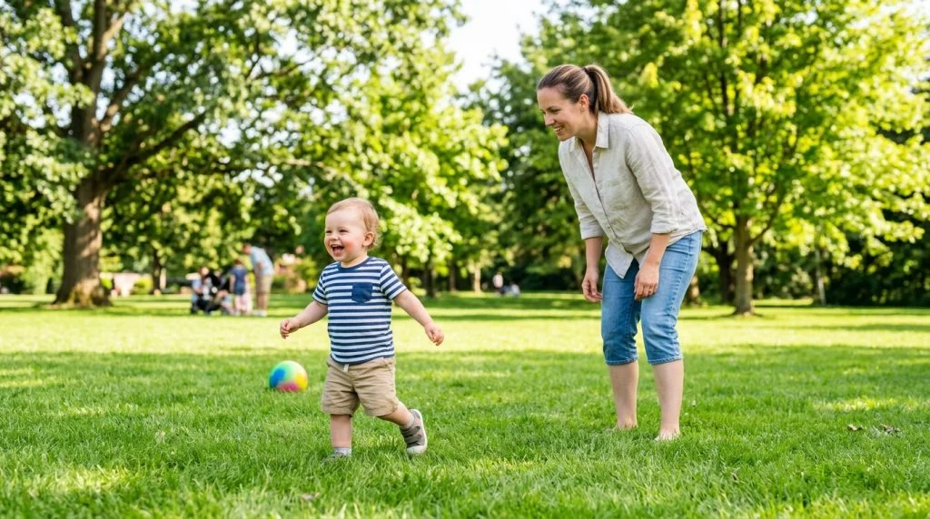 Toddler playing actively outdoors on a sunny day.