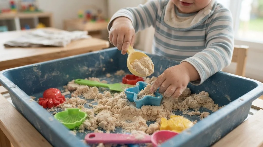Toddler scooping soft cloud dough with molds
