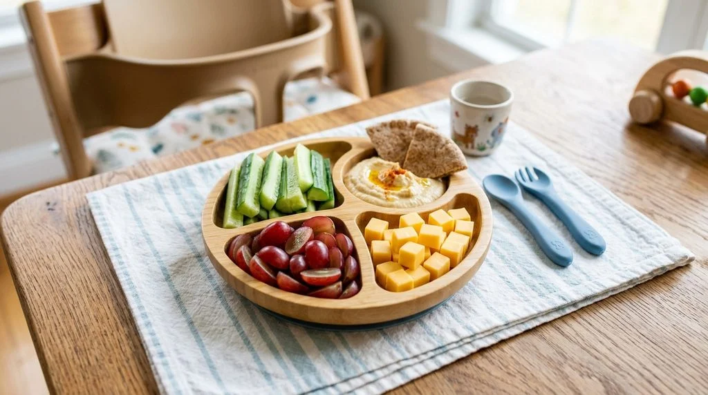 No-cook toddler snack with cucumber, hummus, cheese, and grapes.