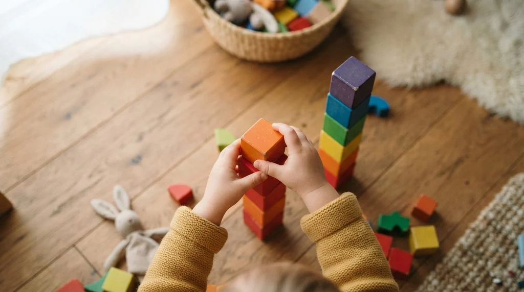 Toddler stacking colourful blocks into a rainbow tower during indoor play