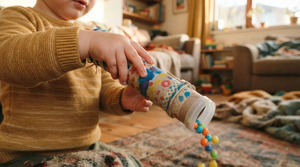 Toddler shaking a homemade DIY rainstick craft made from a paper towel tube