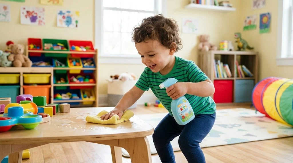 Toddler helping with a simple cleaning task using a cloth and spray bottle.
