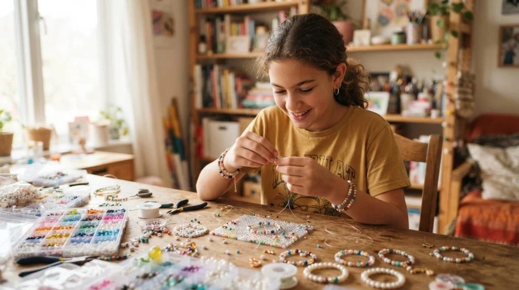 Tween making homemade jewelry from beads and string.