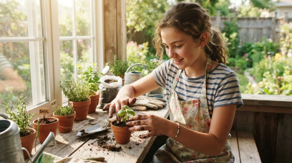 Tween planting a small herb garden.