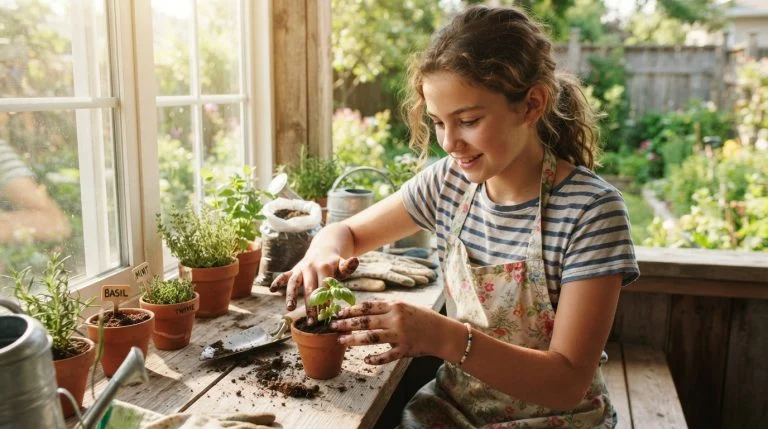 Tween planting a small herb garden.